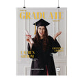 Graduation-themed magazine cover with a person in a cap and gown, holding a diploma.