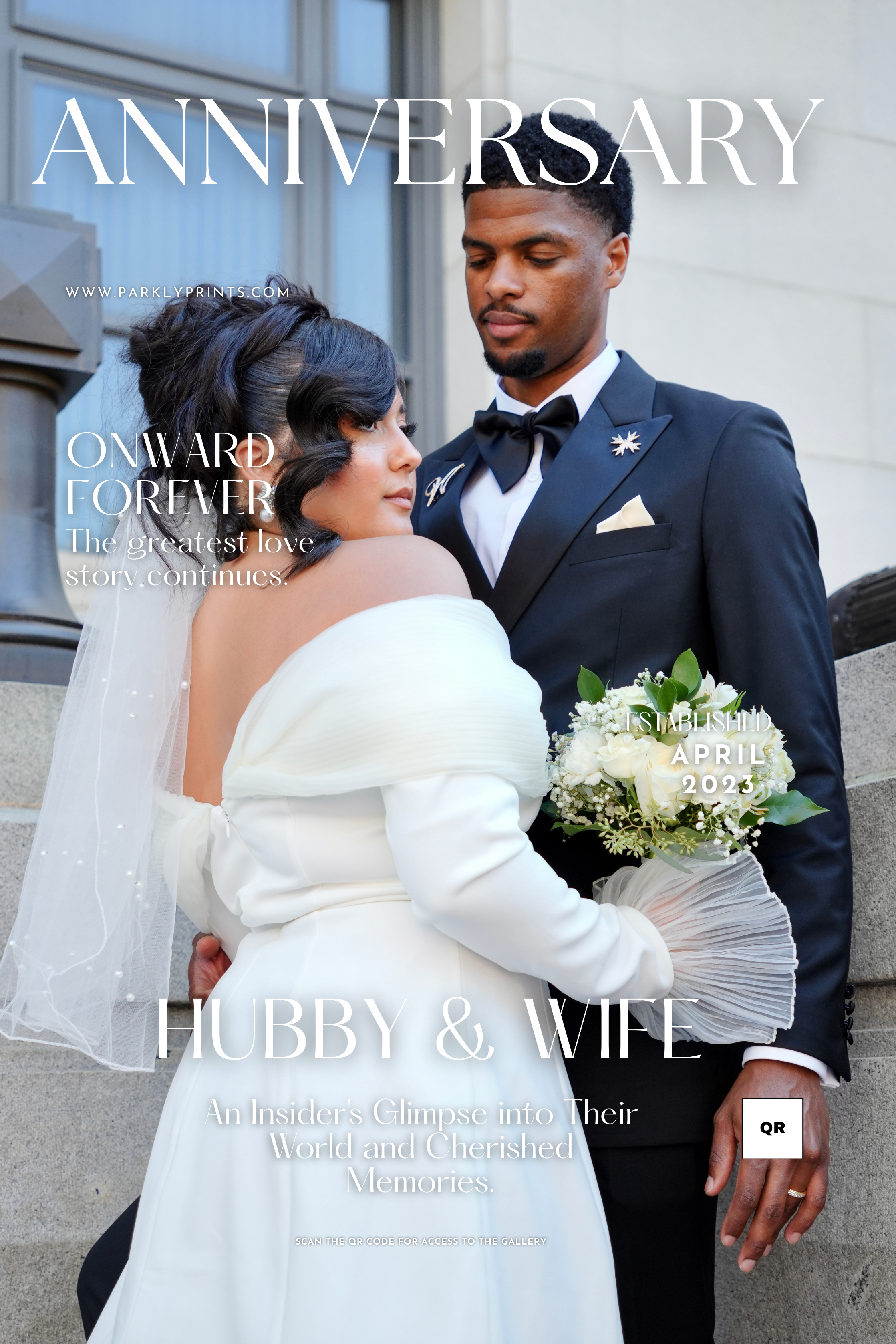 Wedding couple on a magazine cover with 'Anniversary' and 'Hubby & Wife' text.