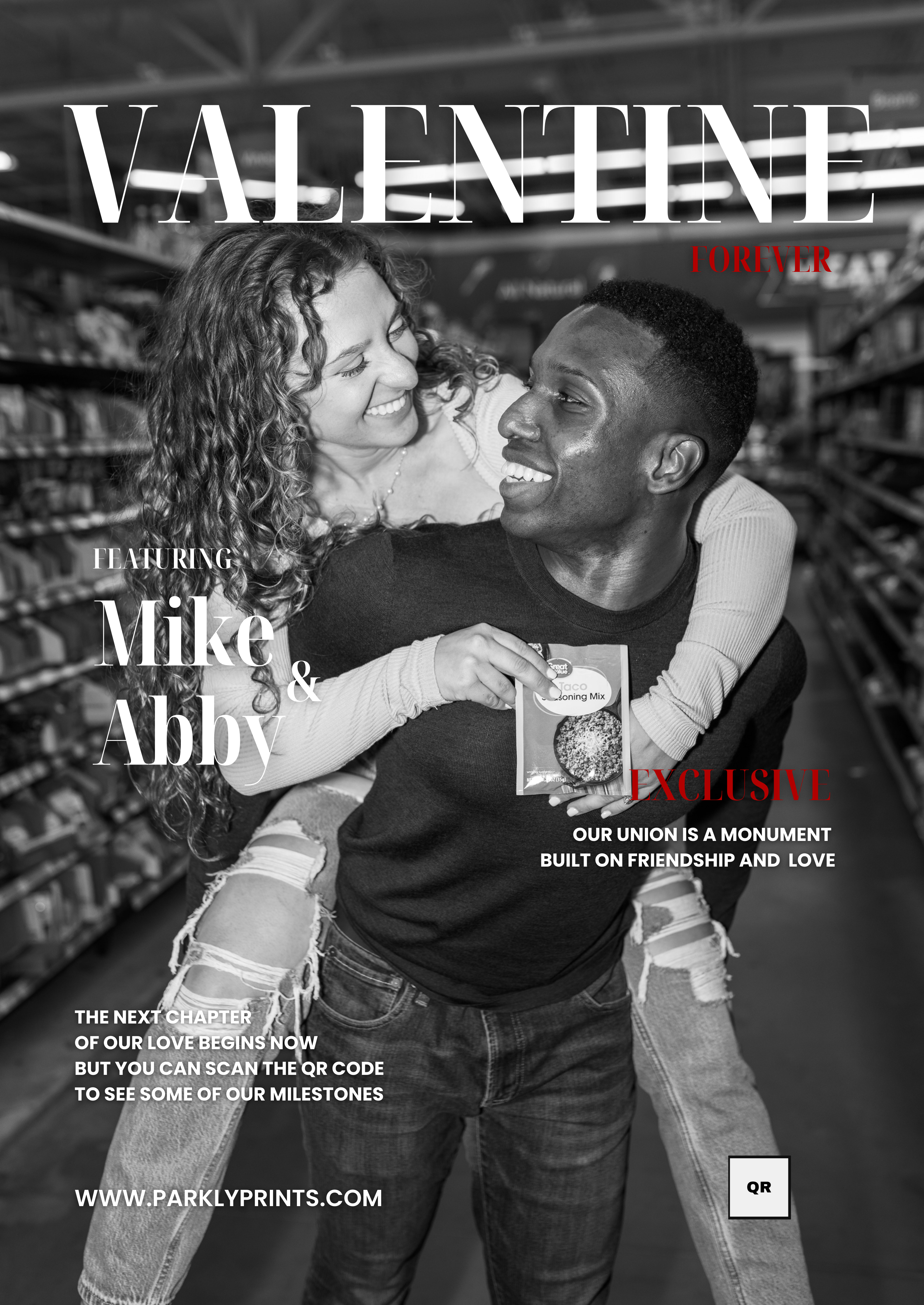 Magazine cover with a couple embracing, featuring the title 'Valentine Forever' and text about their relationship.