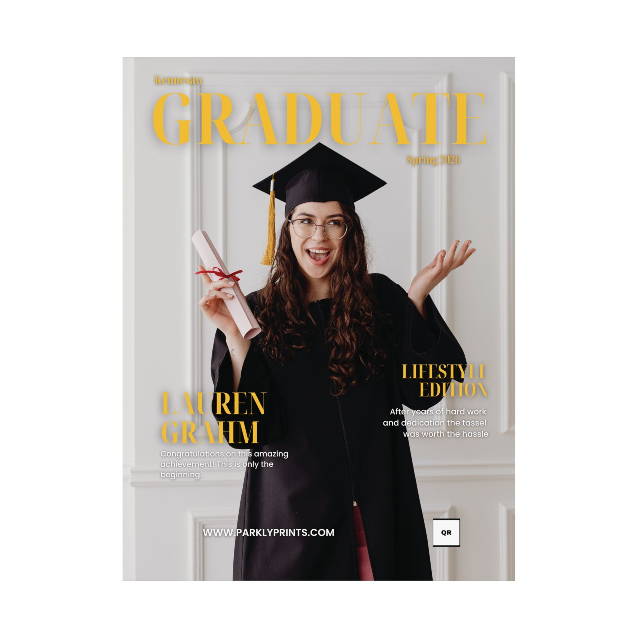 Magazine cover featuring a graduate in cap and gown with a diploma, against a white background.