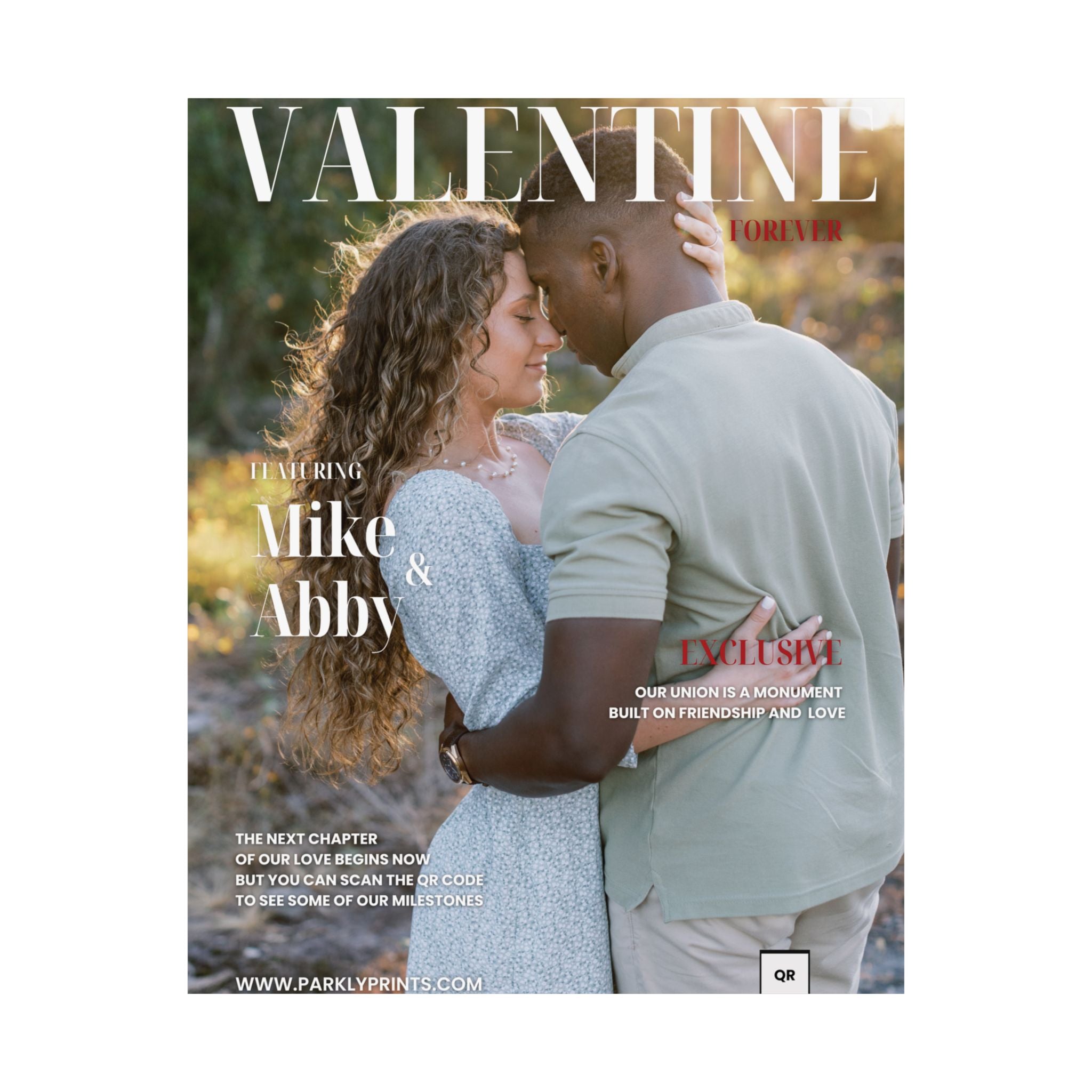 Magazine cover featuring a couple embracing with 'Valentine Forever' text