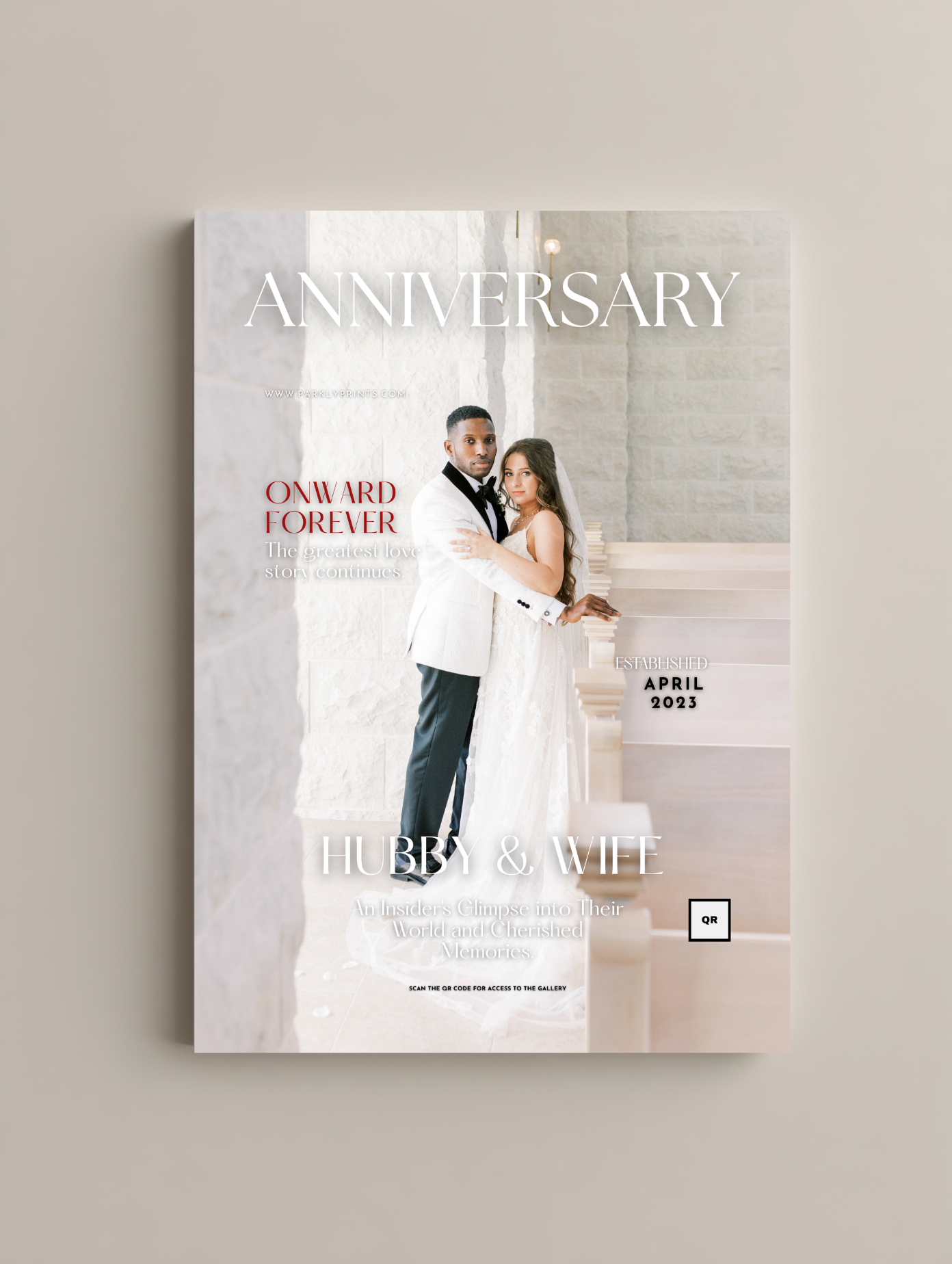 Magazine cover with a couple on a staircase, titled 'Anniversary'.