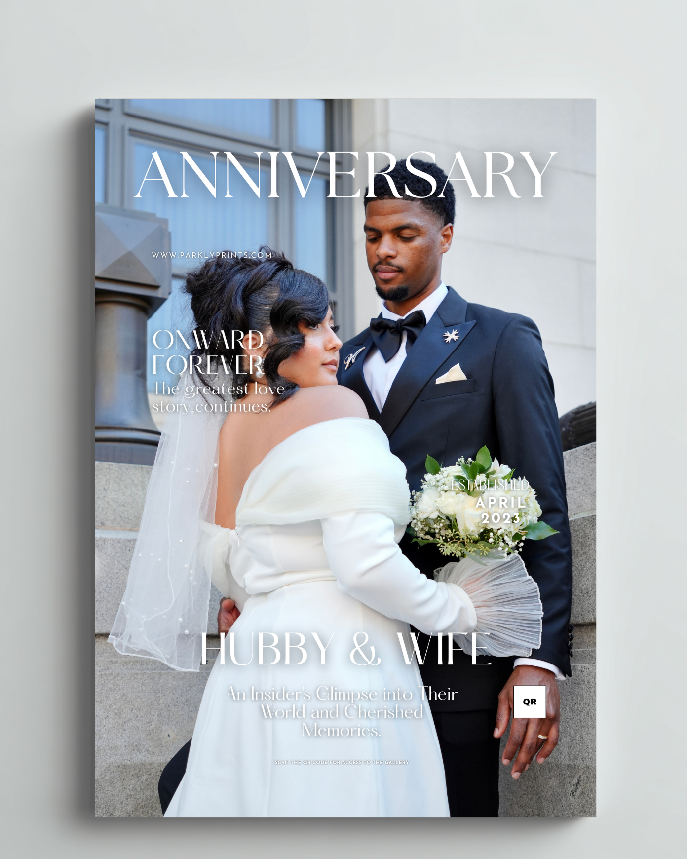 Magazine cover featuring a couple on their wedding day with text 'Anniversary' and 'Hubby & Wife'.