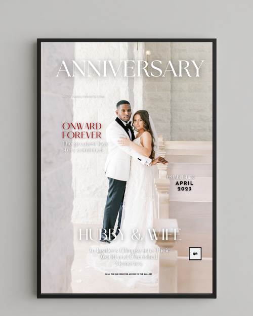 Framed magazine cover with a couple on a staircase, text 'Anniversary Onward Forever Hubby & Wife April 2023'.