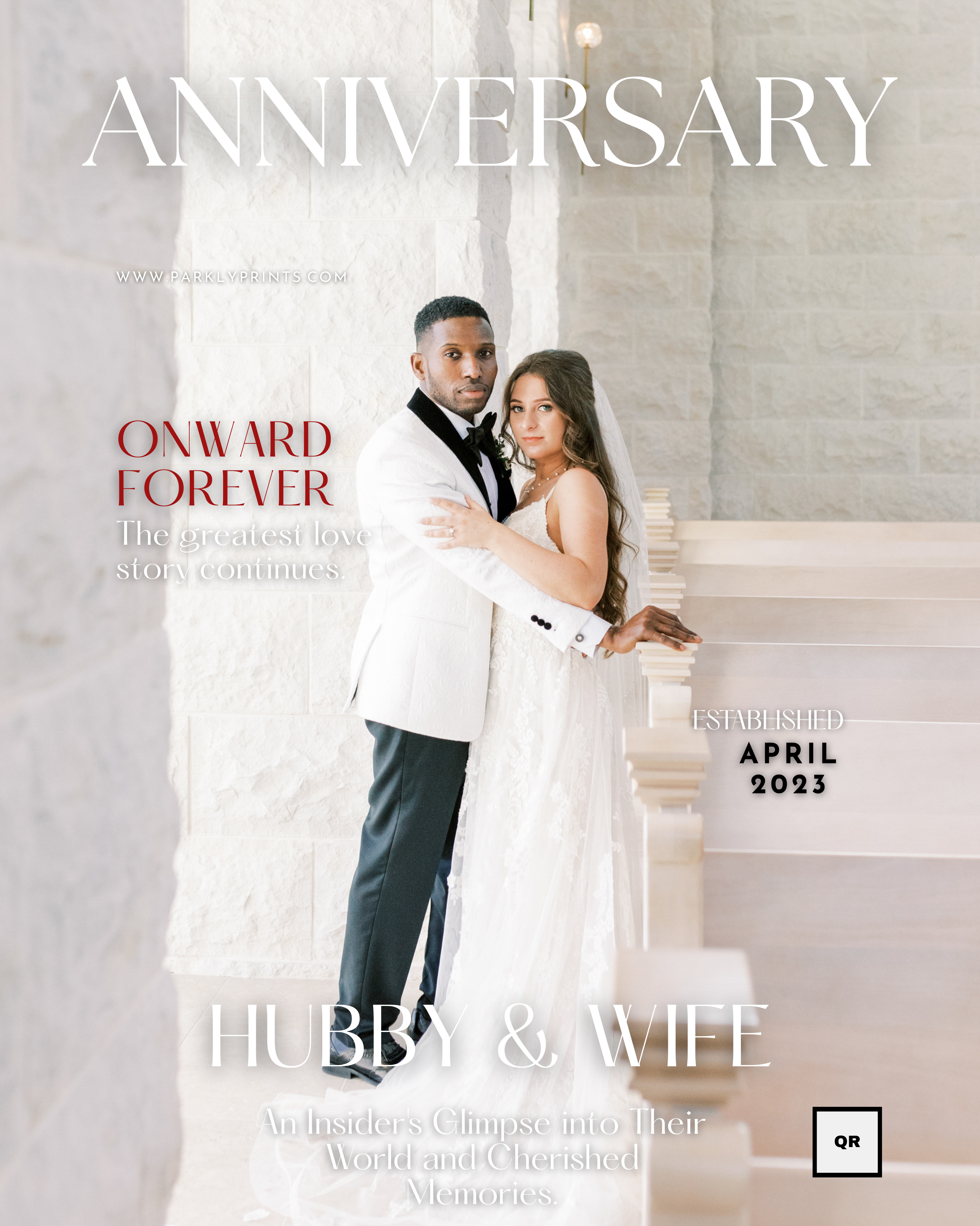 Magazine cover with a couple on a staircase, text 'Anniversary: Onward Forever' and 'Hubby & Wife'.