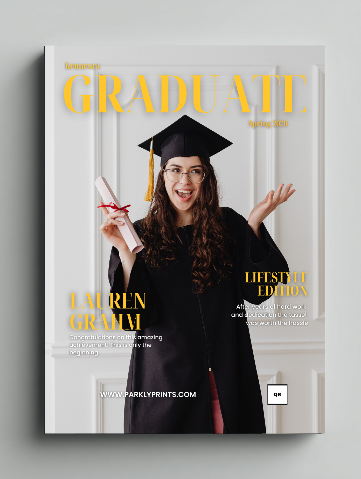 Graduation-themed magazine cover with a person in a cap and gown holding a diploma.