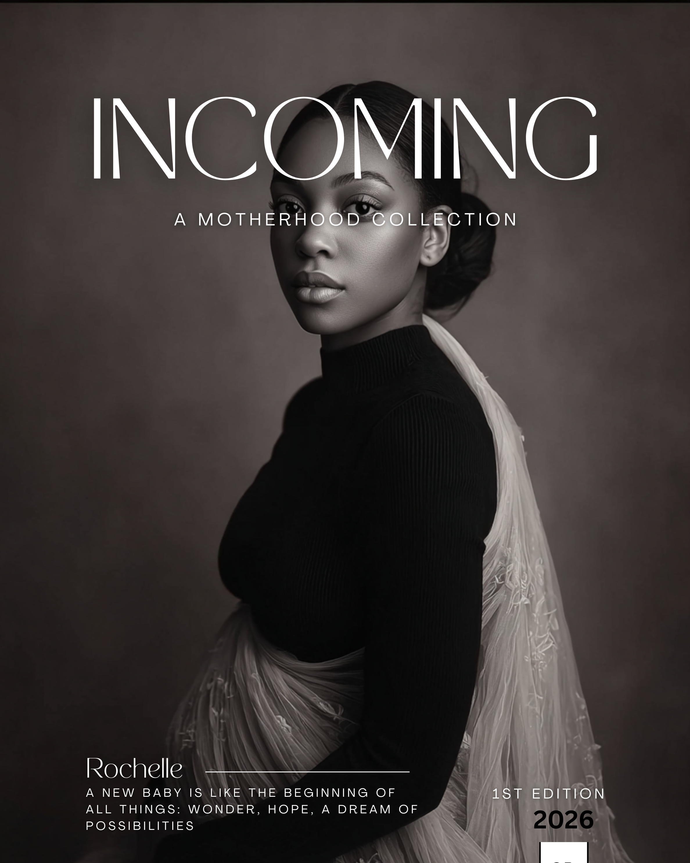 Magazine cover with a woman in a black turtleneck and white dress, featuring the text 'Incoming: A Motherhood Collection' and 'Parly Prints'.