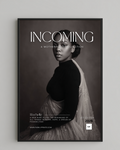 Framed poster with a black and white portrait of a woman and text 'INCOMING' on a gray background.