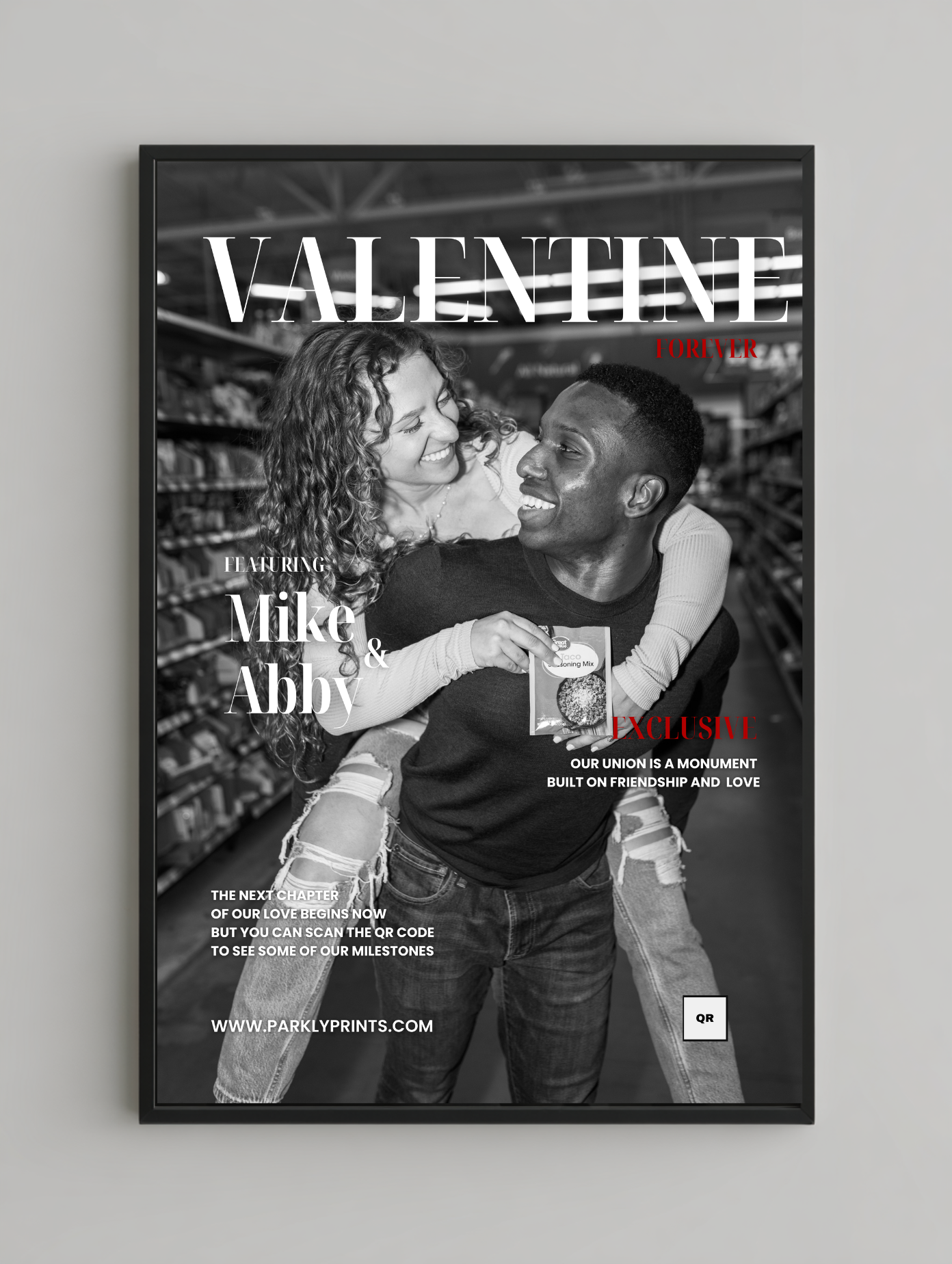 Magazine cover with a couple embracing, featuring text and a QR code.