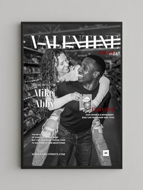 Magazine cover with a couple embracing, featuring text and a QR code.
