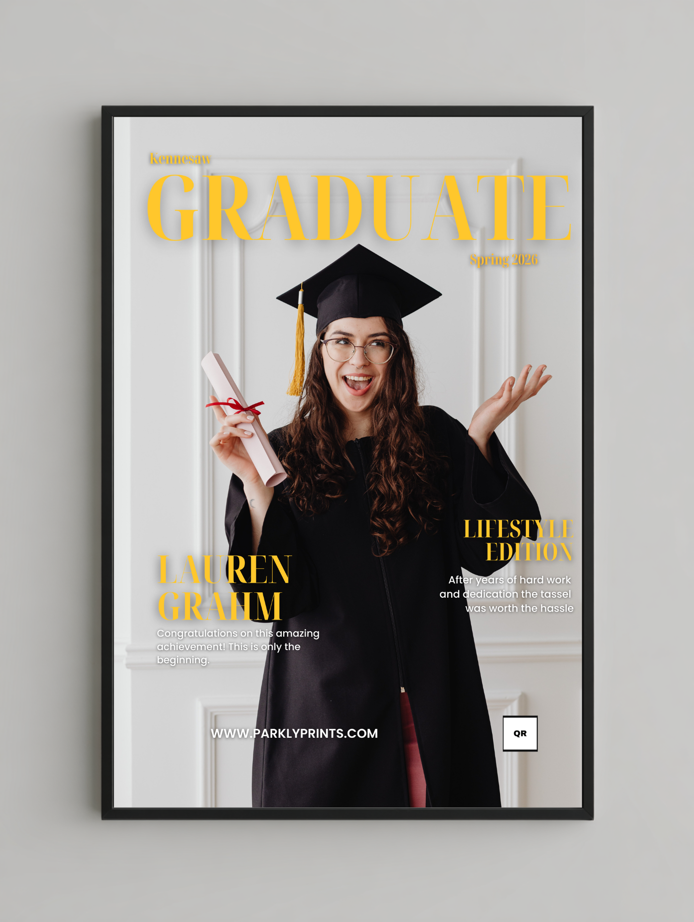 Graduation-themed magazine cover with a person in cap and gown holding a diploma, framed against a light gray background.