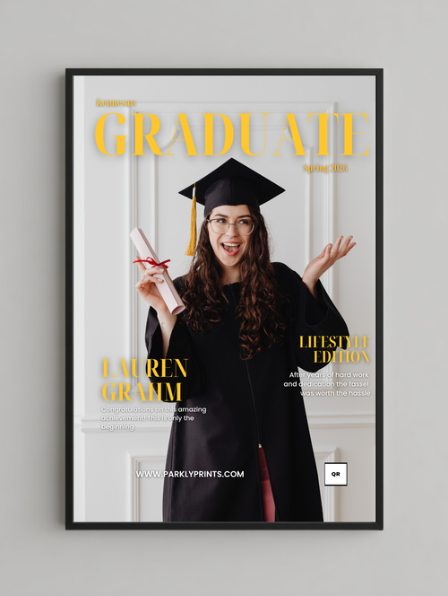 Graduation-themed magazine cover with a person in cap and gown holding a diploma, framed against a light gray background.
